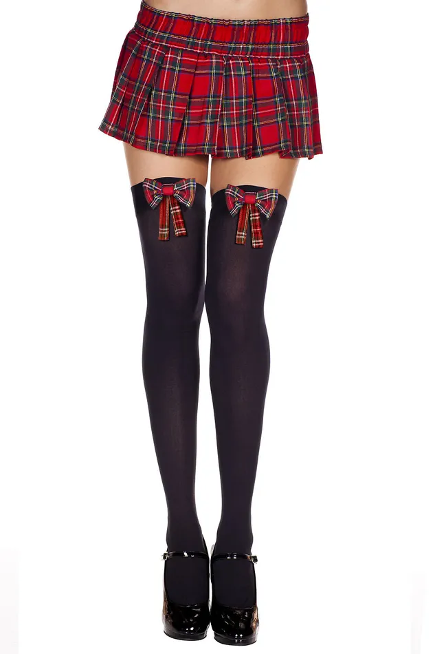 Music Legs Plaid Bow Thigh Hi One Size Black Plaid Bodystockings Playsuits