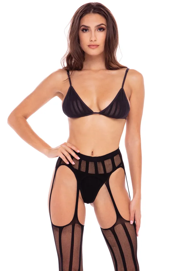 Rene Rofe Anal Straight Up 3pc Garter Set M L Black
