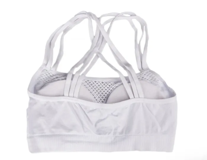Sunset Intimates Vibrators White Seamless Strappy Mesh CrissCross Back Sports Bra Sunset Intimates Vibrators White Seamless Strappy Mesh CrissCross Back Sports Bra