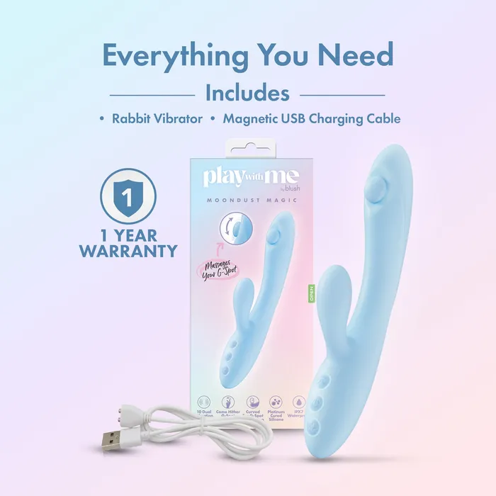 Blush Play With Me By Blush Moondust Magic 8 Inch G Spot Clitoral Rabbit Vibrator 10 Dual Vibration Modes Soft Silicone Blue Vibrators
