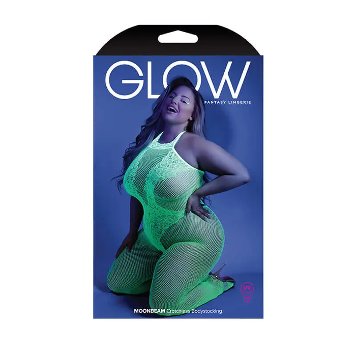 Fantasy Lingerie Glow UV Moonbeam Crotchless Bodystocking Neon Green Plus Size Fishnet Lace by Fantasy Lingerie Plus Size Fantasy Lingerie Glow UV Moonbeam Crotchless Bodystocking Neon Green Plus Size Fishnet Lace by Fantasy Lingerie Plus Size