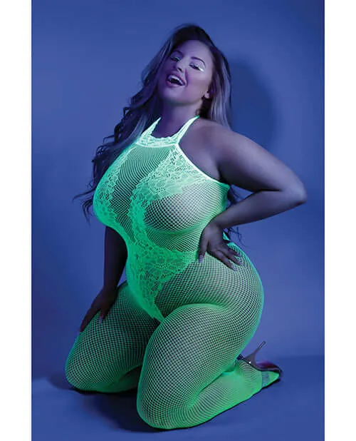 Fantasy Lingerie Glow UV Moonbeam Crotchless Bodystocking Neon Green Plus Size Fishnet Lace by Fantasy Lingerie Plus Size