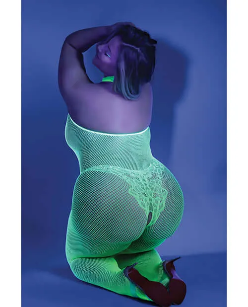 Fantasy Lingerie Glow UV Moonbeam Crotchless Bodystocking Neon Green Plus Size Fishnet Lace by Fantasy Lingerie Plus Size