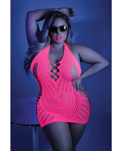 Glow Black Light Net Halter Dress Neon Pink Qn GLOW Vibrators
