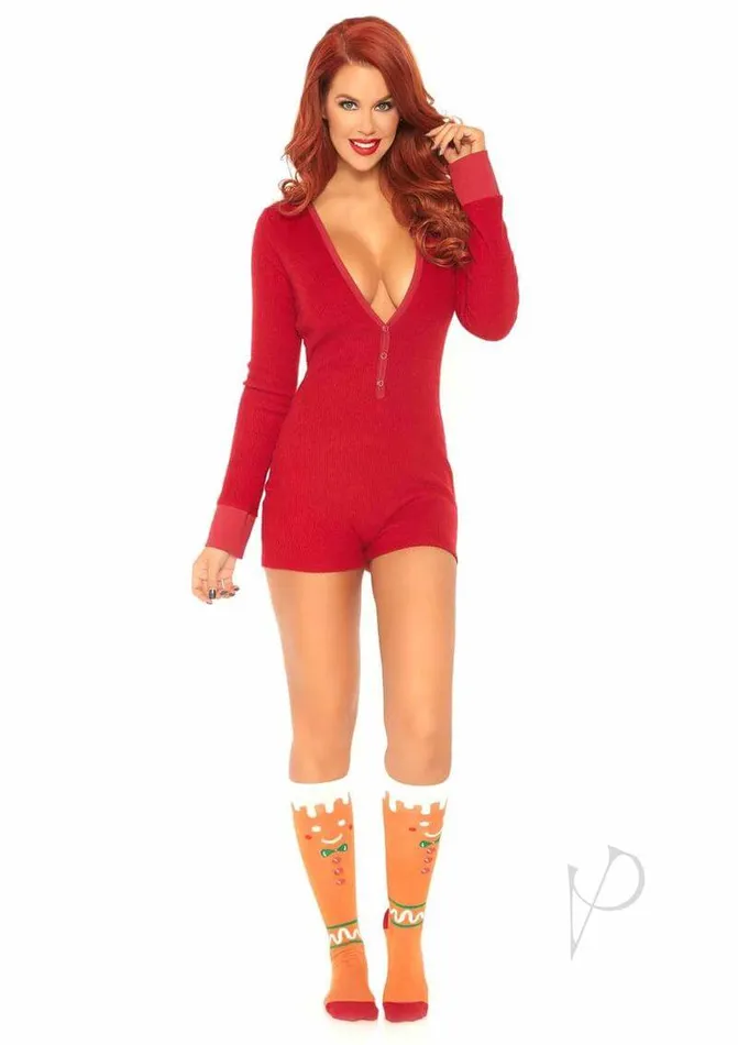 Leg Avenue Sweet Dreams Long Johns Romper Red Small Cozy Brushed Rib with Cheeky Back Flap Leg Avenue Inc Vibrators