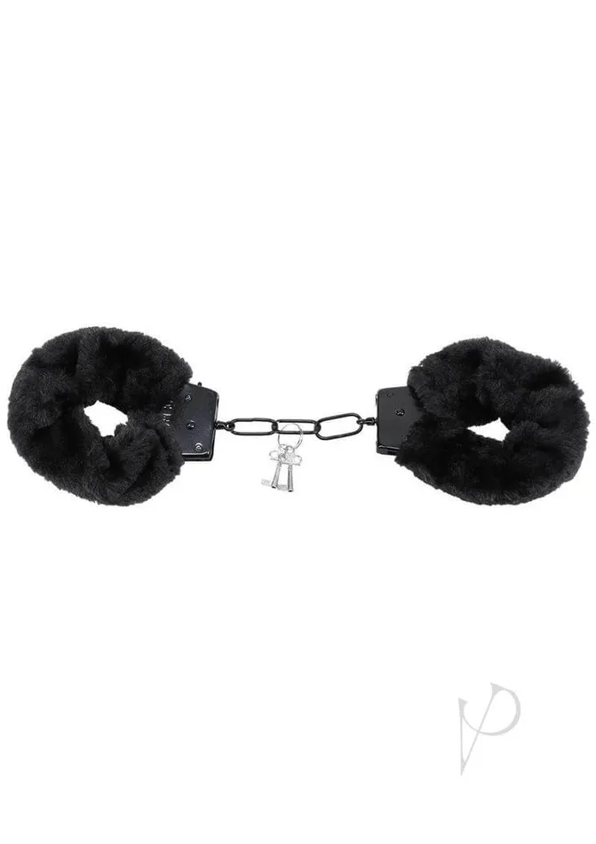 Merci Fluff Cuffs Black Faux Fur Covered Metal Bondage Cuffs Doc Johnson Enterprises Couples