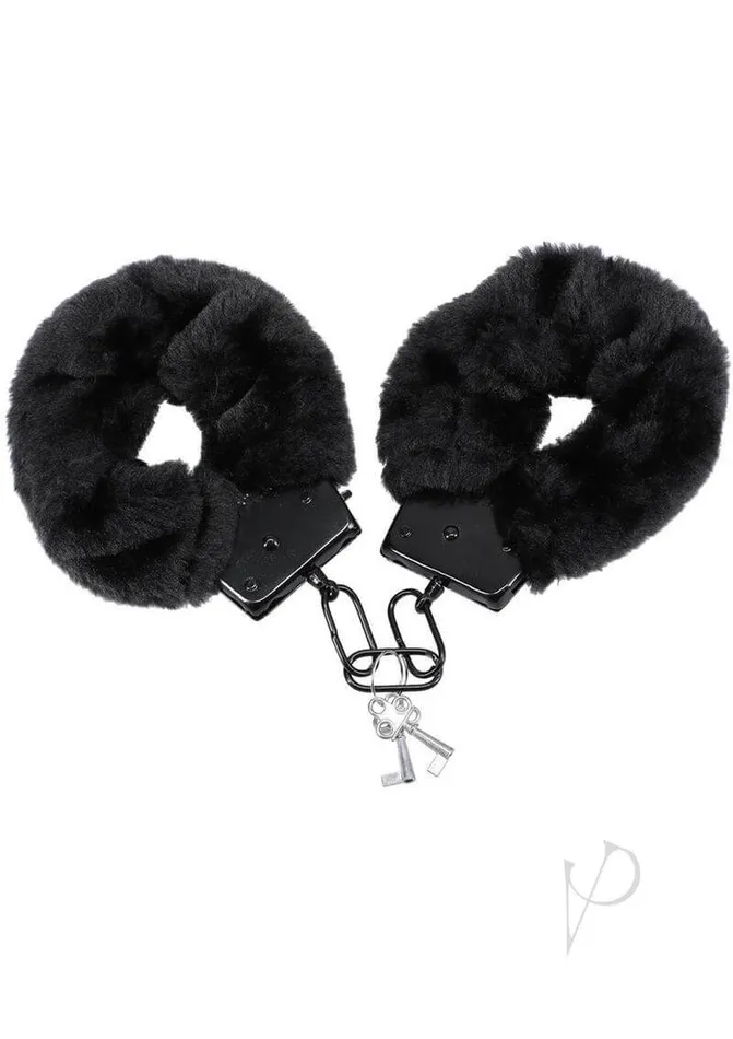 Merci Fluff Cuffs Black Faux Fur Covered Metal Bondage Cuffs Doc Johnson Enterprises Couples
