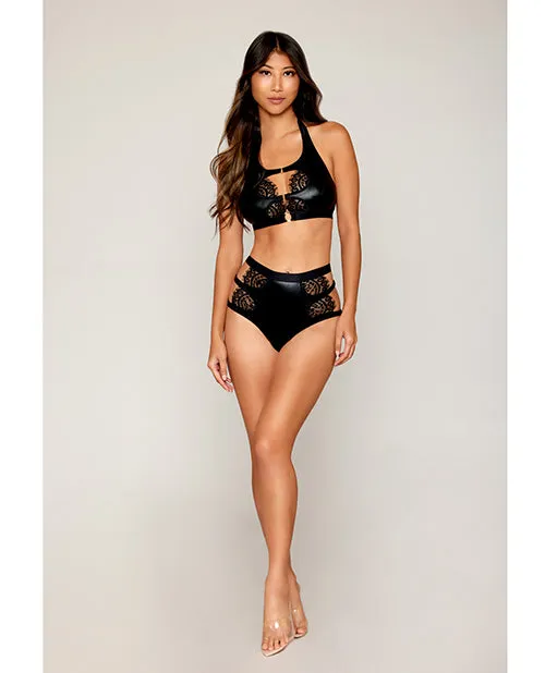Couples Dreamgirl International Stretch Faux Leather and Eyelash Lace Bralette wHighWaisted Panty Black