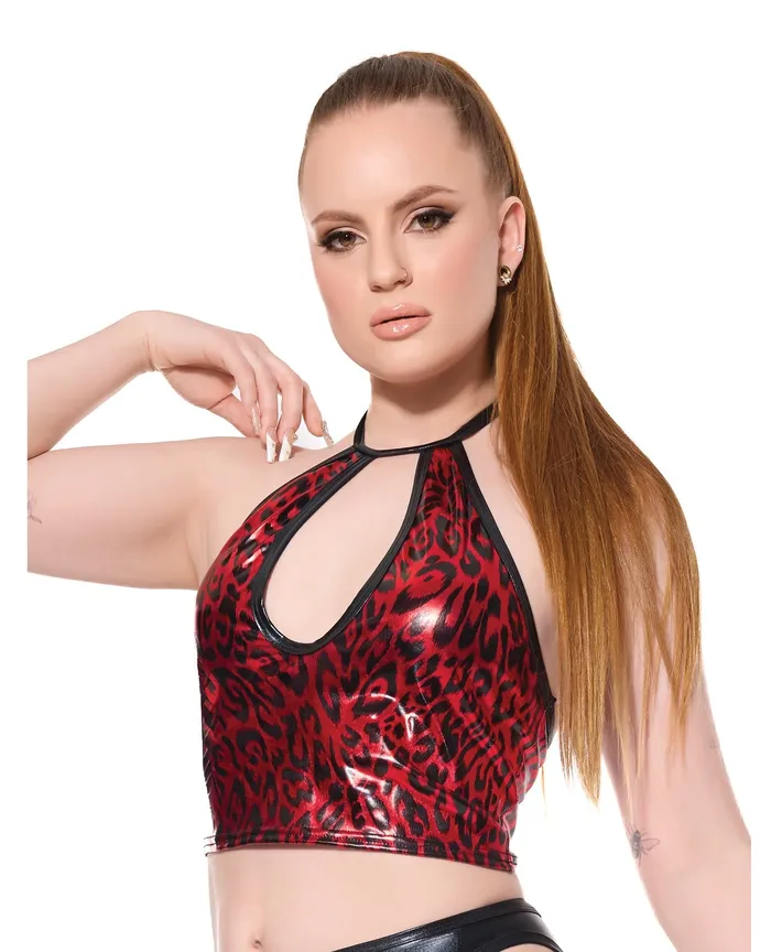 Darque Metallic Wet Look Keyhole Halter Top RedBlack Coquette International Vibrators