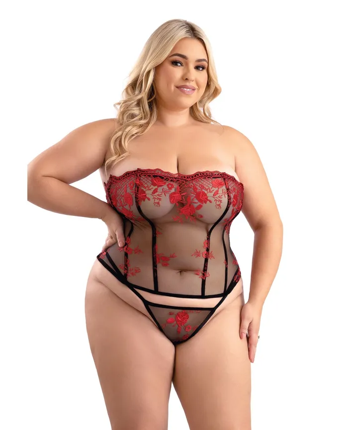 Floral Embroidered Mesh Corset with GString RedBlack Fantasy Lingerie Anal