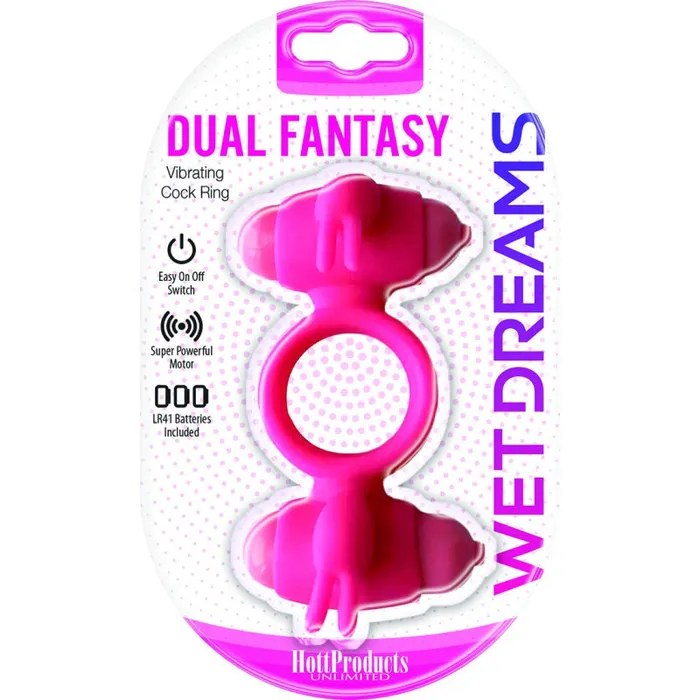 Hott Products Male Sex Toys Wet Dreams Dual Fantasy Cock Ring With Turbo Motors Pink