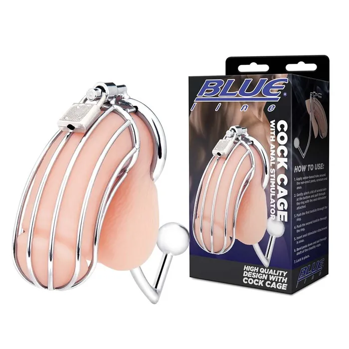 Male Sex Toys Blue Line Men Cock Cage With Anal Stimulator
