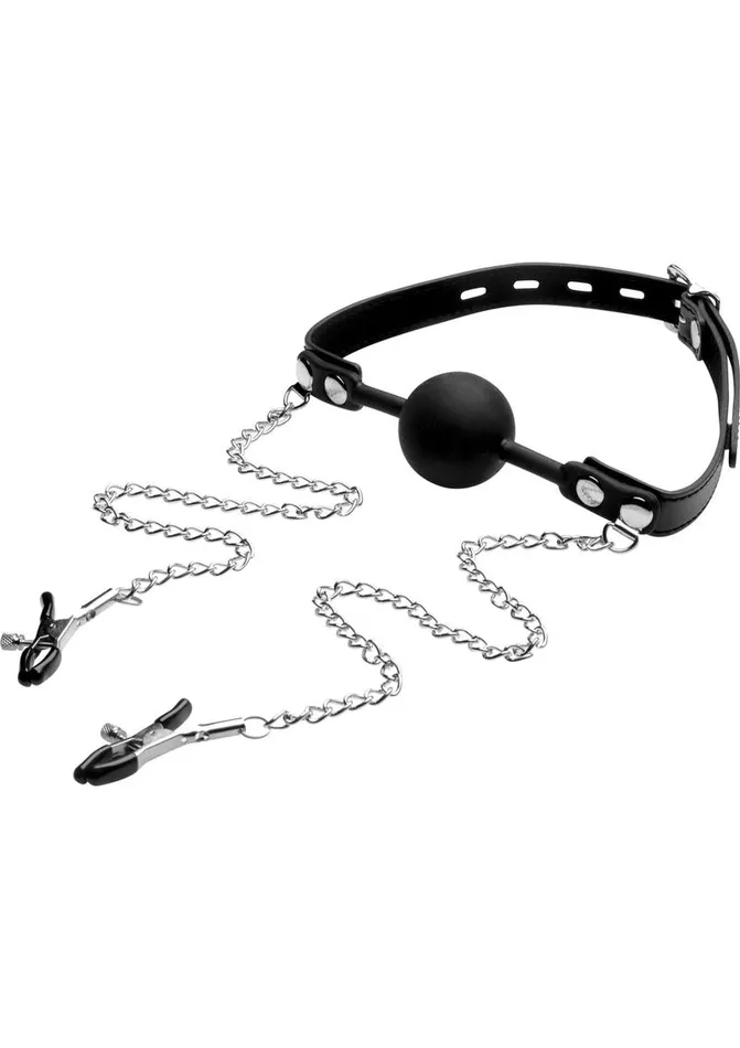 Male Sex Toys STRICT Strict Silicone Ball Gag with Nipple Clamps