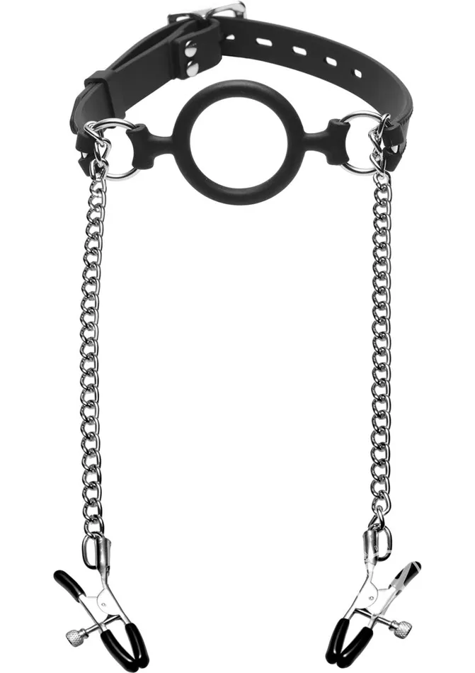 Master Series Male Sex Toys Master Series Mutiny Silicone ORing Gag with Nipple Clamps